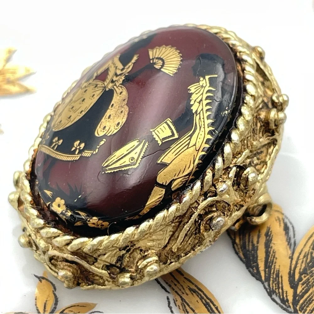 Vintage Victorian Revival Courting Couple Red Glass Cameo Brooch Gold Tone